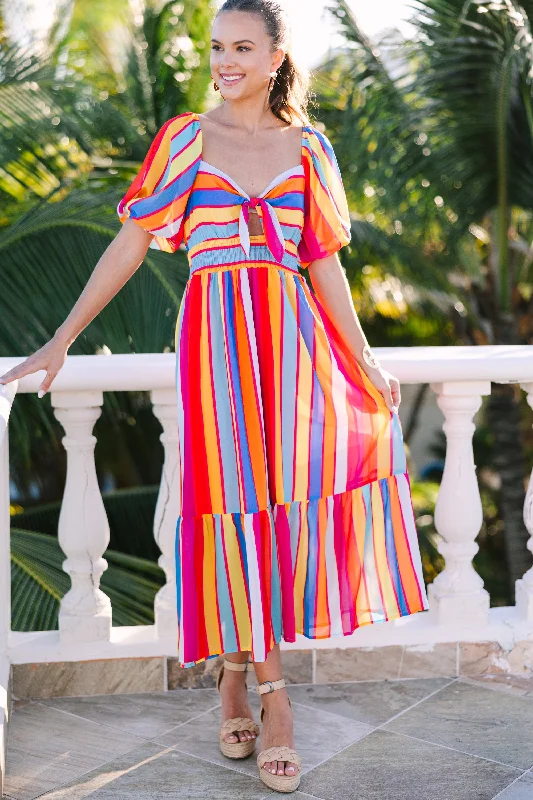 Limited Edition Dance The Night Away Red Rainbow Striped Midi Dress