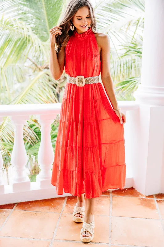 Don'T Miss Out Come To Me Coral Orange Tiered Midi Dress