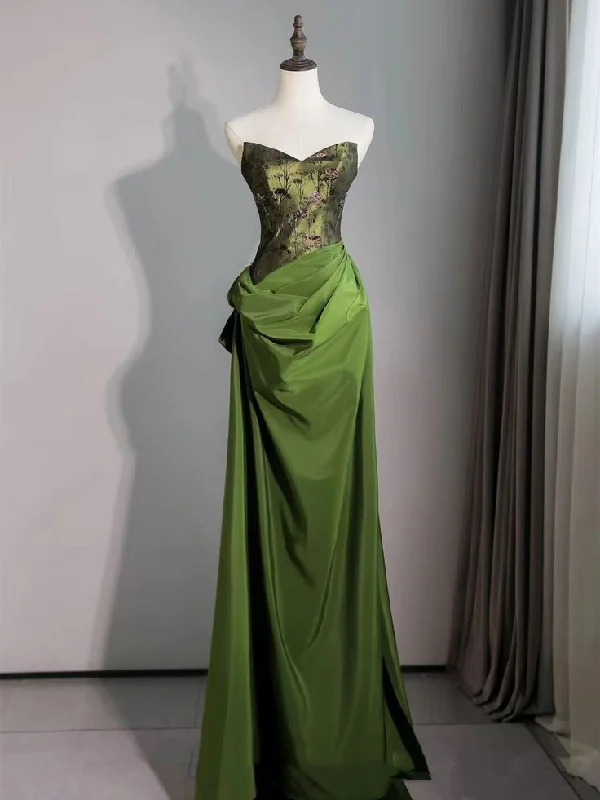 Trend Setting Threads Green Strapless A Line Satin Long Prom Dress Retro Evening Gown       S5623