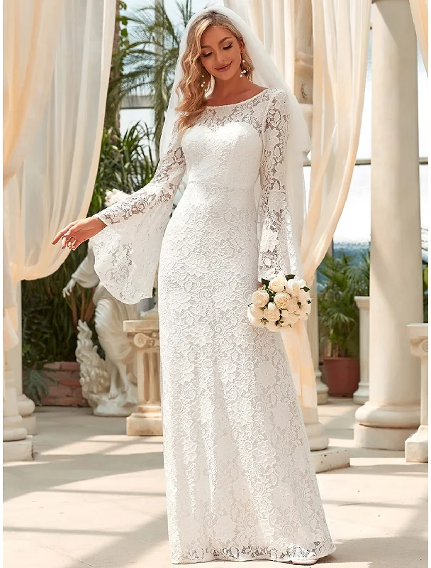 Colorful Clothing Hall Wedding Dresses Mermaid / Trumpet Jewel Neck Long Sleeve Floor Length Lace Bridal Gowns With Lace