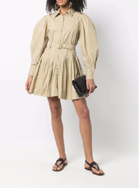 Chic Style Ulla Johnson Women's Khaki Cotton Vivenne Pleated Long Sleeve Mini Dress