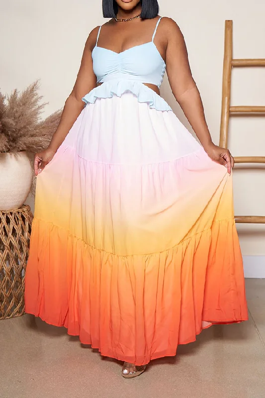 Season Sale Rainbow Stunning Cutout Ruffle Tiered Maxi Dress