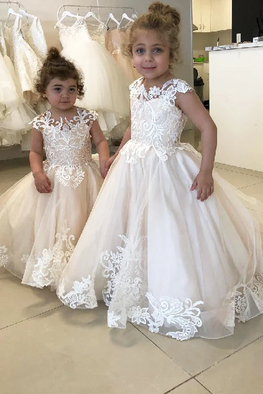 Shop Sale Items Ball Gown Cap Sleeves Appliqued Ivory Flower Girl Dresses Puffy Cute Flower Girl Dresses F070