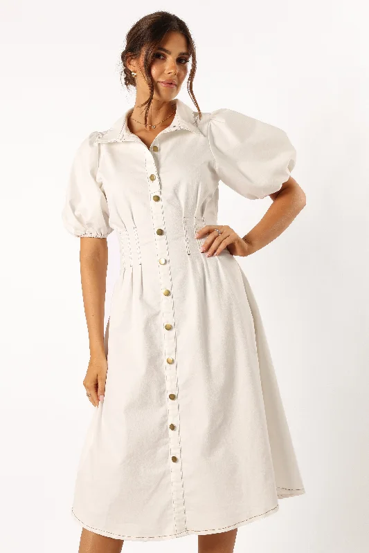 Elegant Style Sollie Puff Sleeve Midi Dress - White