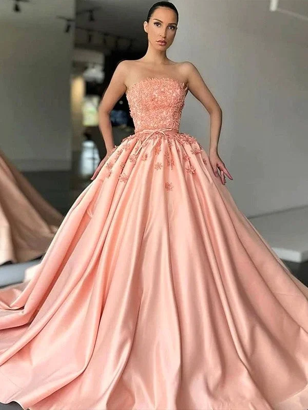 Stylish Statements Ball Gown Satin Applique Strapless Sleeveless Sweep/Brush Train Dresses