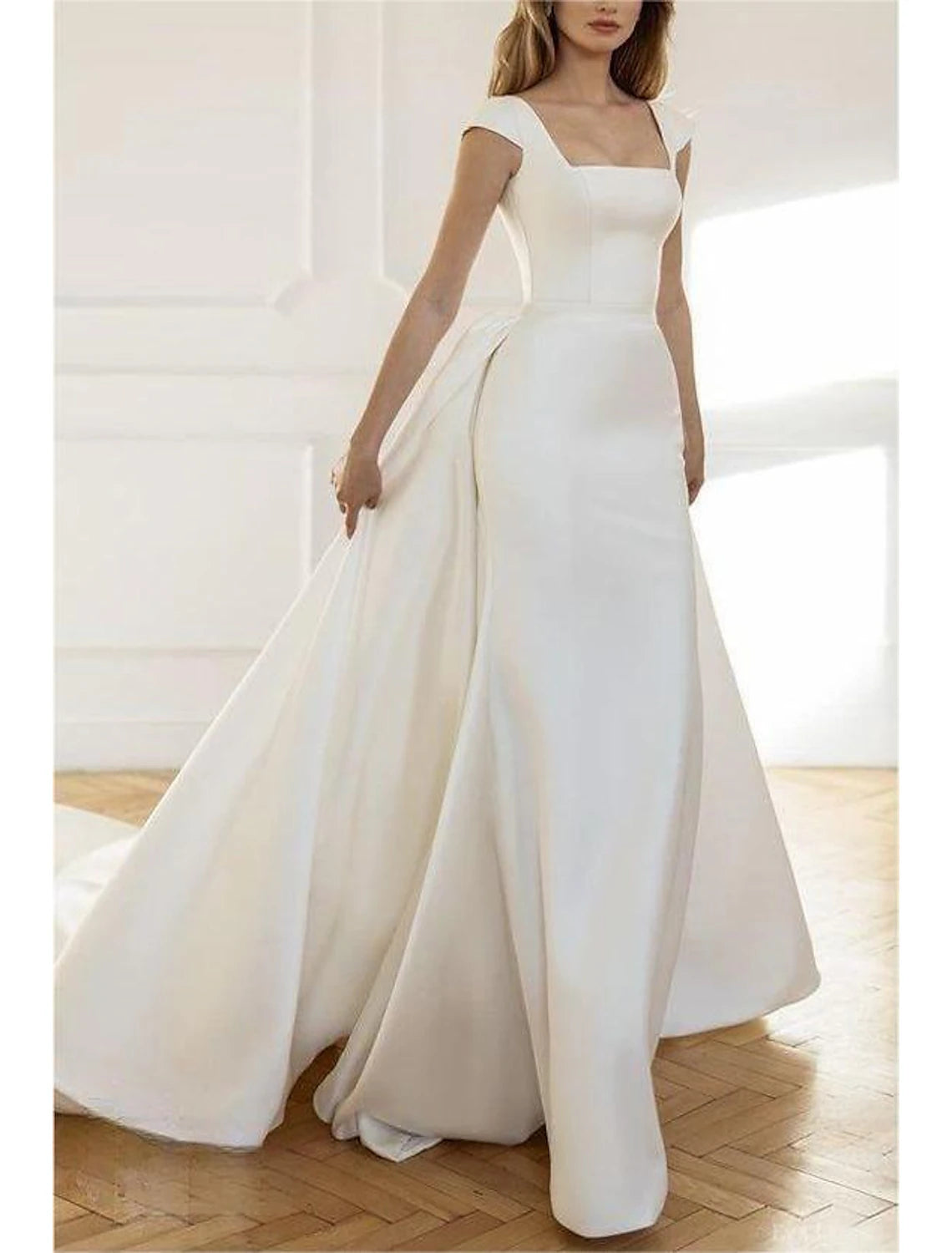 Discover Promotions Beach Casual Formal Wedding Dresses Mermaid / Trumpet Square Neck Regular Straps Sweep / Brush Train Taffeta OverSkirts Bridal Gowns With Solid Color