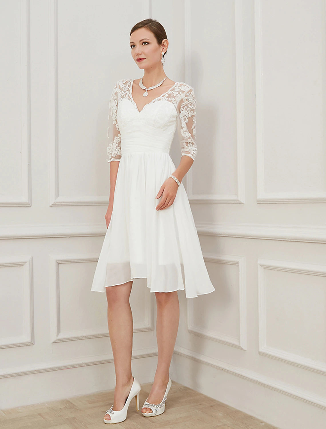 Trendy Urban Attire Reception Little White Dresses Wedding Dresses A-Line V Neck Half Sleeve Knee Length Chiffon Bridal Gowns With Draping Appliques