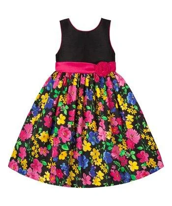 Formal Outfit American Princess Girls Black & Dark Pink Floral Sash A-Line Dress