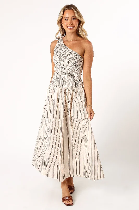 Pastel Styles Jordana One Shoulder Midi Dress - Brown Stripe