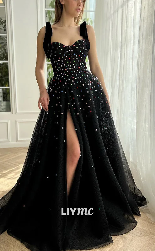 Feminine Elegance LP2192 - V-Neck Sleeveless Beaded High Slit A-Line Prom Dress