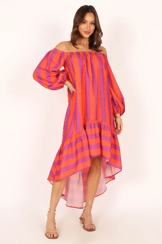 Fashion Deal Alysa Off Shoulder Midi Dress - Coral Stripe