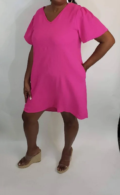 Gorgeous Glamour Collection V-Neck Puff Sleeve Mini Dress In Hot Pink