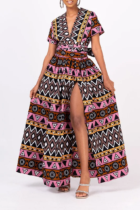 Fashion Deal Geometric Print Versatile Strappy High Split Maxi Dress