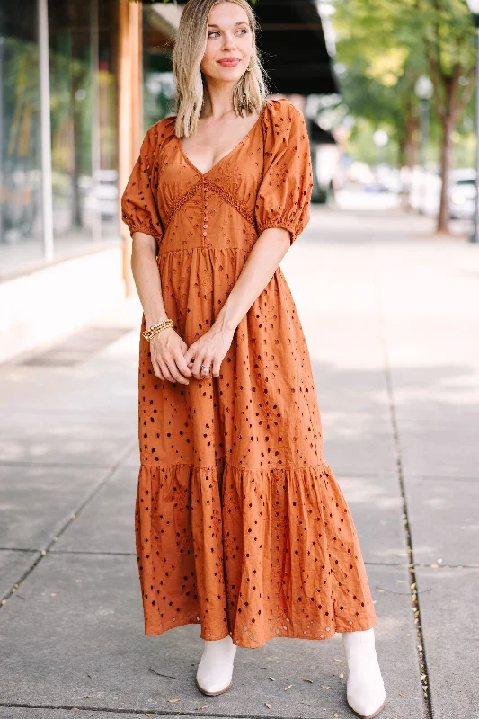 Crazy Discounts, Hurry Up Hold Me Close Copper Orange Eyelet Midi Dress