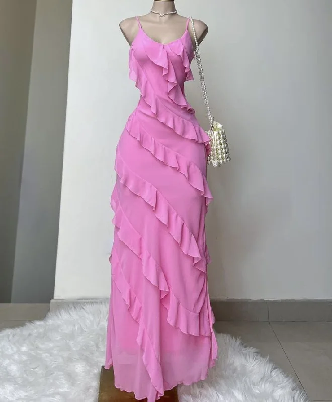 Get The Latest Trends Sheath Sleeveless Pink Chiffon Prom Dress 22th Birthday Outfit      S5992