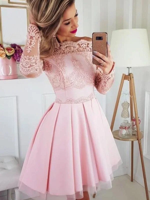 Style Your Wardrobe A-Line/Princess Satin Lace Off-the-Shoulder Long Sleeves Short/Mini Homecoming Dresses