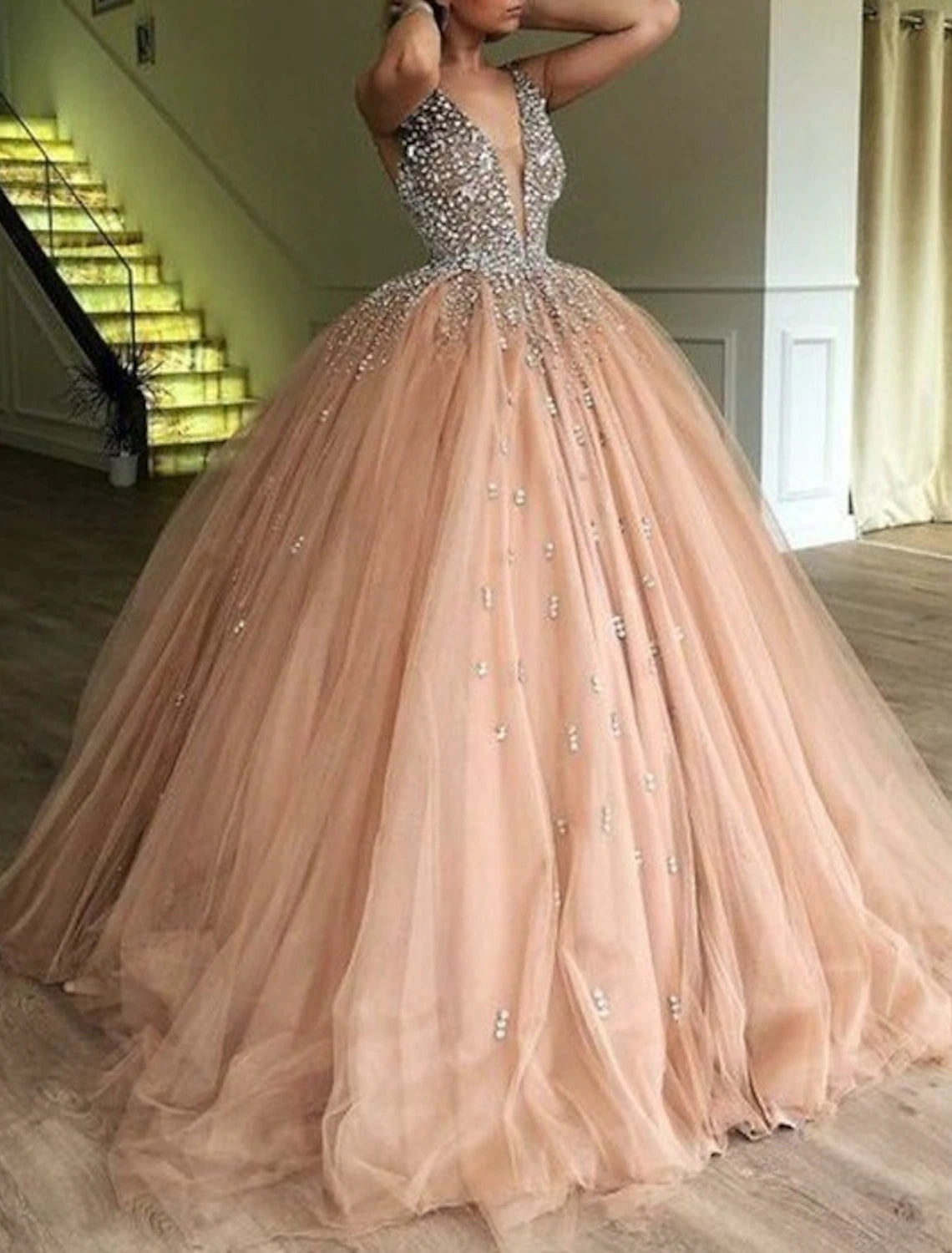 Get The Latest Trends Ball Gown Evening Gown Sparkle & Shine Dress Quinceanera Prom Floor Length Sleeveless V Neck Satin with Crystals Sequin