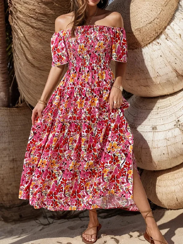 Limited Time Deal Slit Floral Off-Shoulder Short Sleeve Dress