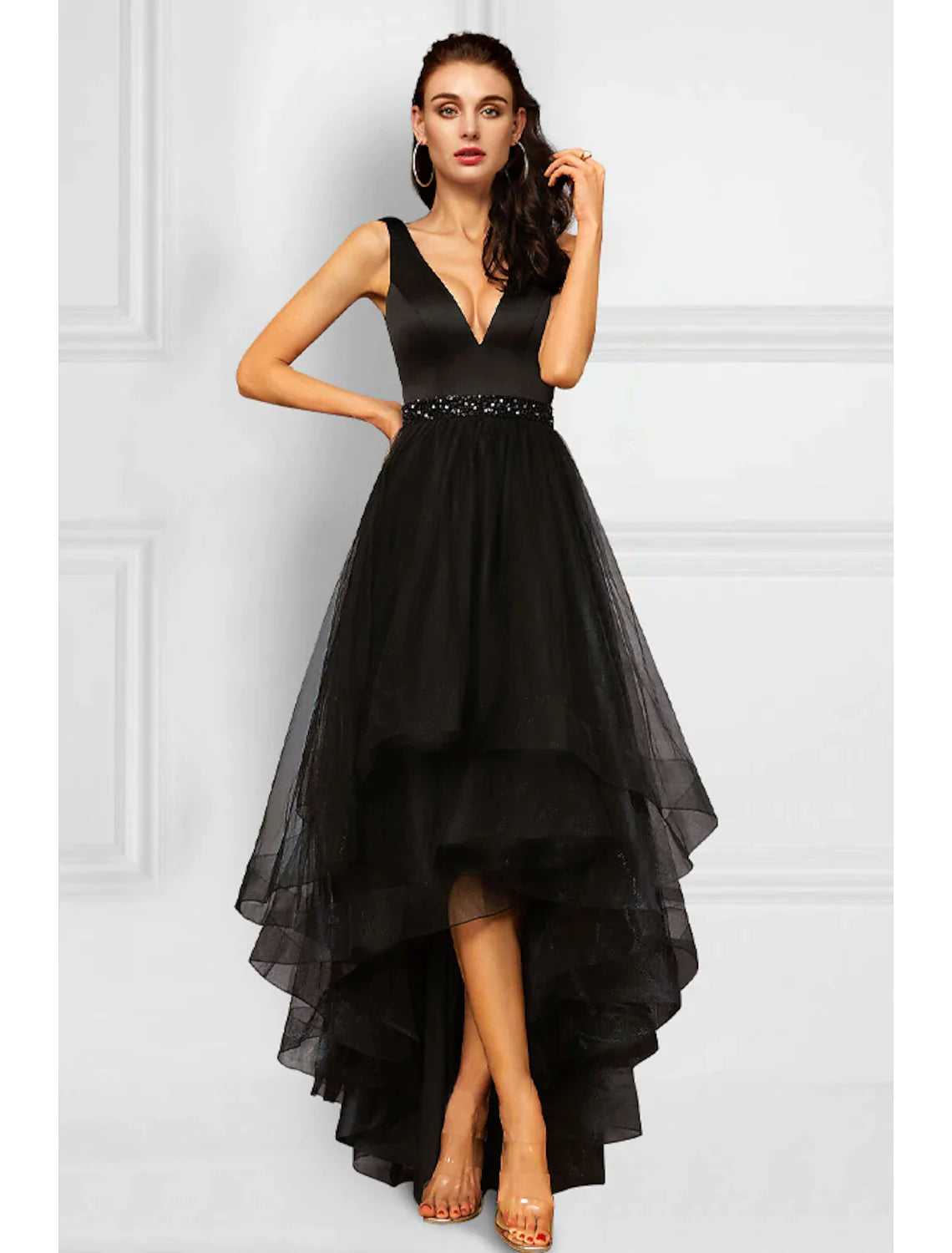 Feminine Charm A-Line Cocktail Dresses Elegant Dress Party Wear Asymmetrical Sleeveless V Neck Organza with Rhinestone Ruffles