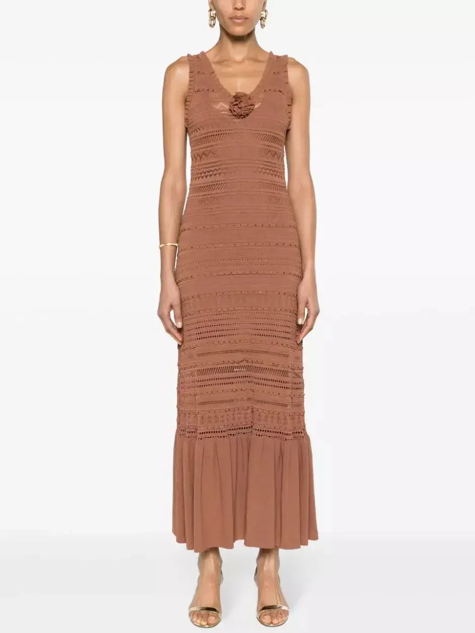 Chic Style Crystal Detailed Rose-Applique Sleeveless Crochet Knit Maxi Dress