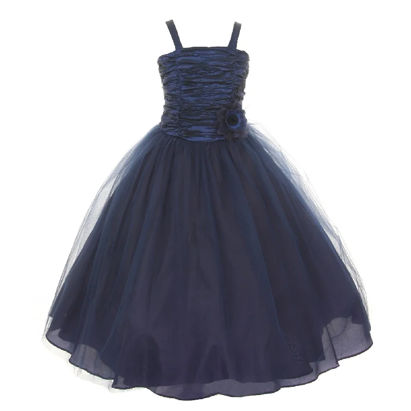 Fast Fashion Favorites Little Girls Navy Crinkled Bodice Floral Adorned Tulle Flower Girl Dress 4-6