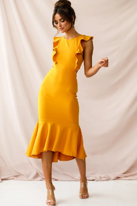 Limited-Time Offer Jackie Wide Ruffle Hem Pinafore Midi Dress Mustard