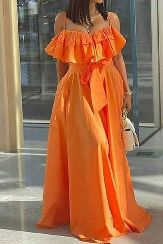 Huge Markdowns Solid Color Ruffle Stunning Lace-Up Maxi Dress