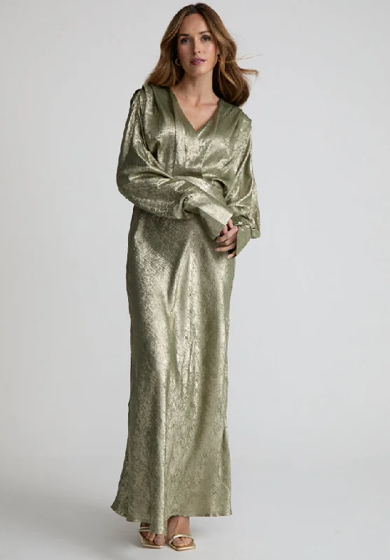 Trend Setting Wardrobe Paloma Metallic V-Neck Maxi Dress In Khaki