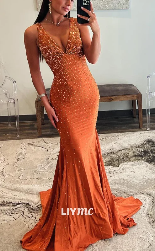 Women's Fashion Hotspots LP2053 - V-Neck Sleeveless Sleek Satin Beaded Mermaid Prom Dress