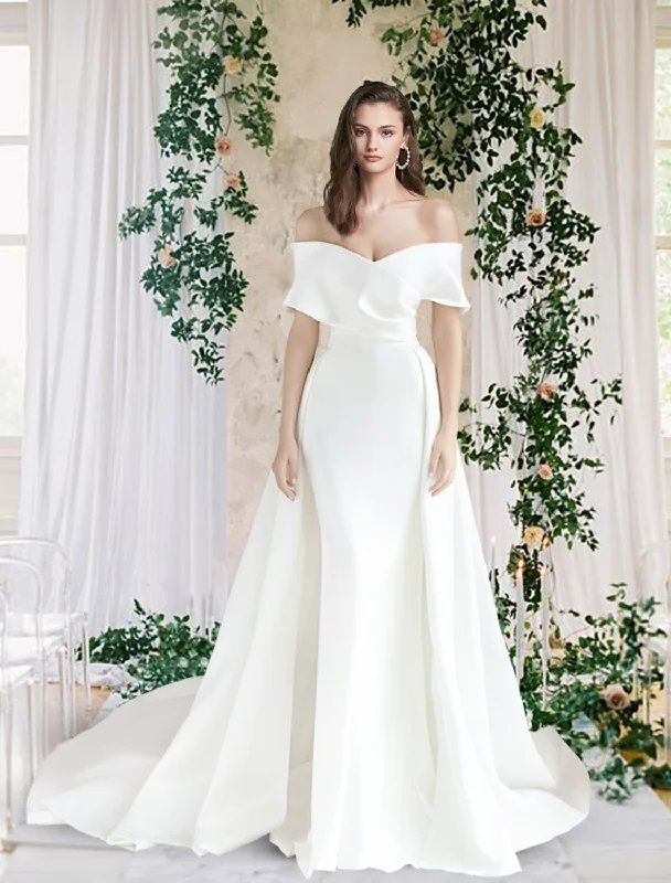 Comfortable Clothes Hall Casual Wedding Dresses Sheath / Column Off Shoulder Cap Sleeve Chapel Train Satin Bridal Gowns With Ruched