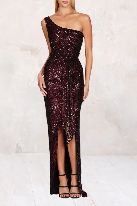 Discover Now Sequined Unusual High Split Belted Maxi Dress