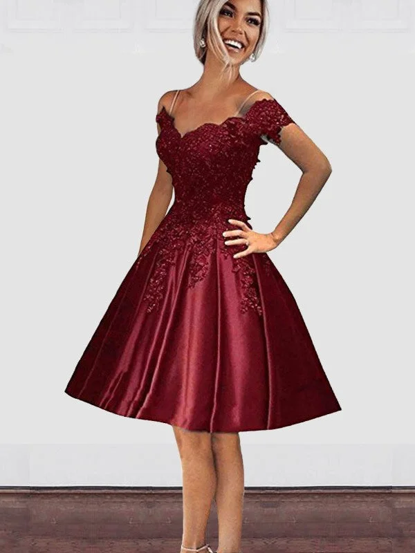 Redefining Women's Fashion A-Line Off-the-Shoulder Cut Short With Applique Satin Burgundy Homecoming Dresses