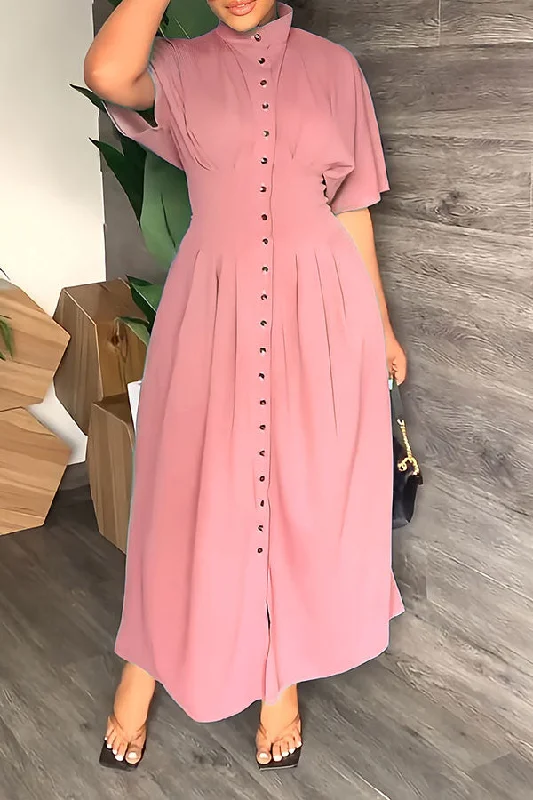 Trendy Urban Attire Solid Color Classic Button Down Pleated Maxi Dress