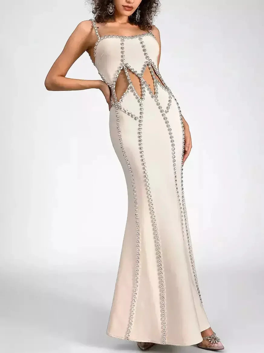 Day-To-Night Styles Cut-Out Rhinestone Embellished Sleeveless Maxi Dress in Cream