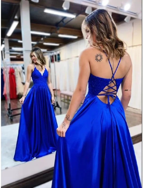 Seasonal Trend A-Line Prom Dresses Empire Dress Formal Court Train Sleeveless V Neck Satin Backless with Beading Appliques   S4983