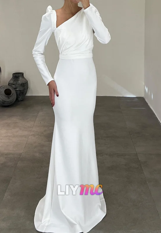 Soft Textures LP2269 - Asymmetrical Long Sleeves Ruched Sleek Satin Sheath Prom Dress