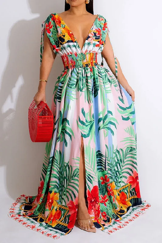 Fashion Sale Coconut Palm Print Tropical High Split Maxi Dress