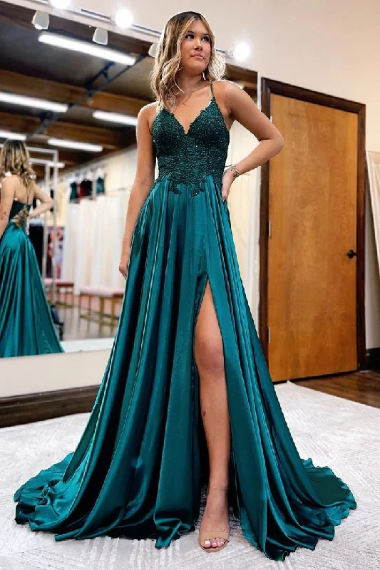 Coastal Beach - Inspired Style Women Dark Green Satin A-Line Appliques Prom Dress with Slit     S3649