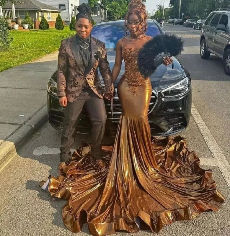 Sophisticated Cut Brown Satin Mermaid Prom Dress For Black Girl Glitter Diamond Crystal Birthday Reception Gown