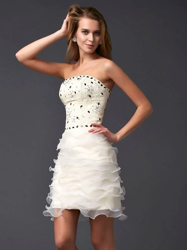 New Season Fashion Preview Sheath/Column Strapless Sleeveless Beading Short Tulle Homecoming Dresses