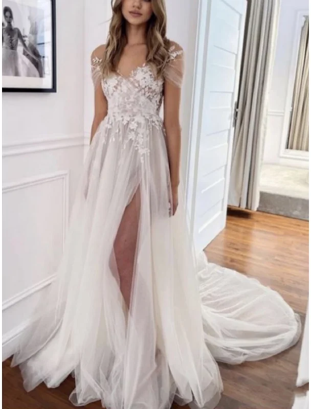 Season Transition Versatile Wear Clearance Beach Formal Wedding Dresses A-Line V Neck Short Sleeve Court Train Lace Bridal Gowns With Pleats Split Front