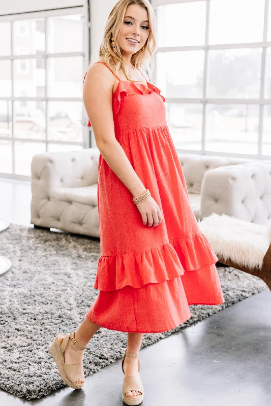 Big Discounts Waiting On The Sun Coral Red Midi Dress