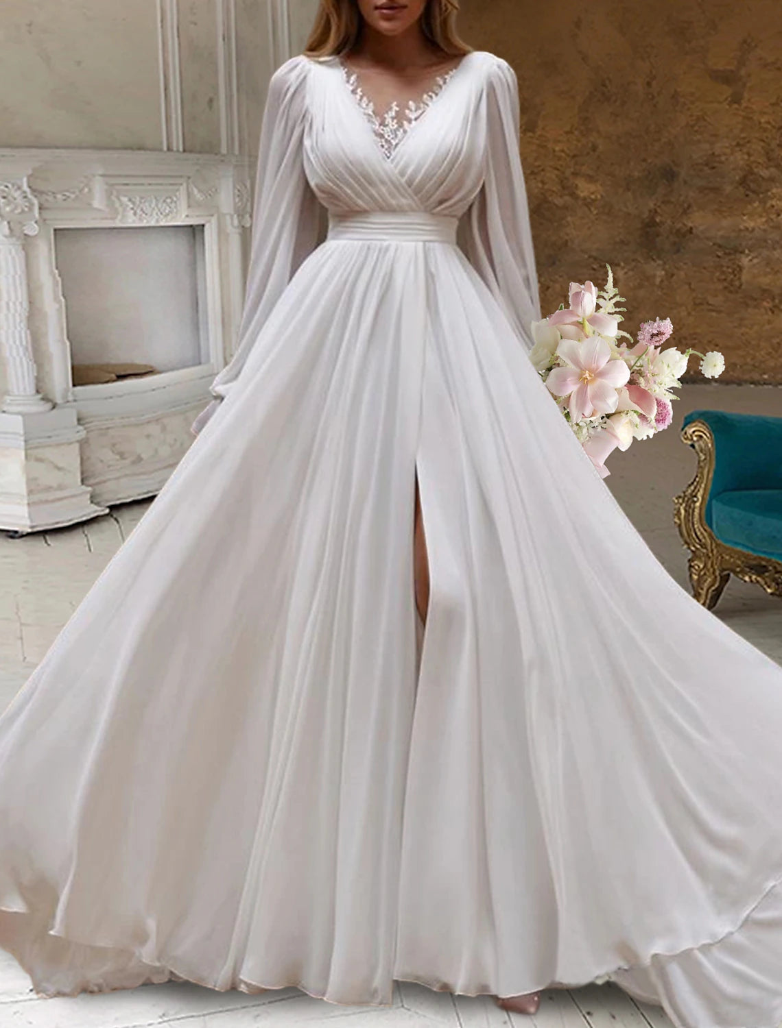 Flash Sales Bridal Shower Little White Dresses Wedding Dresses A-Line Scoop Neck Long Sleeve Sweep / Brush Train Chiffon Bridal Gowns With Pleats Appliques