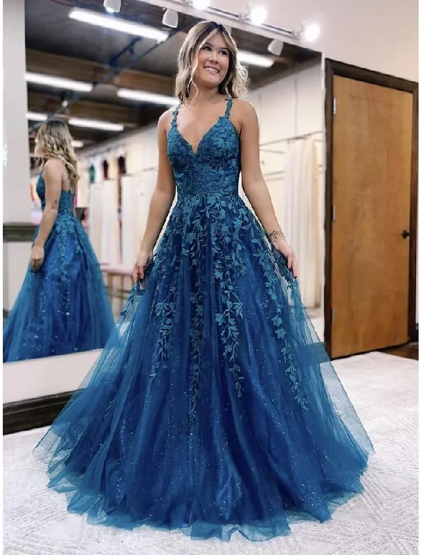 Romantic Detailing A-Line Prom Dresses Formal Floor Length Sleeveless V Neck Tulle Backless with Glitter Appliques    S5202