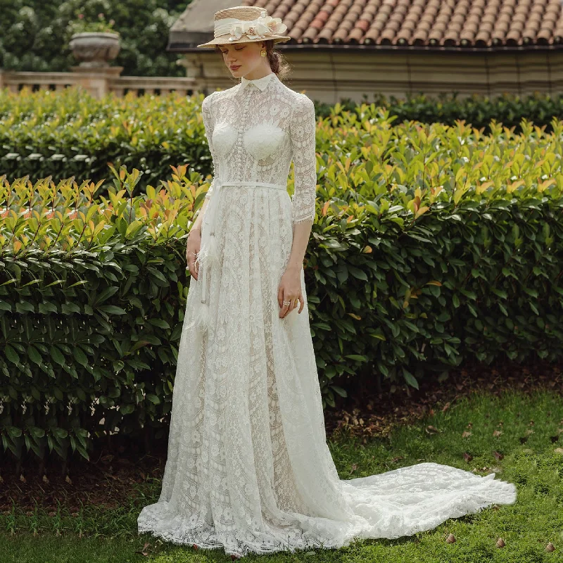 Eco Friendly Fashion Sale Vintage Long Sleeve Turtle High Neck Lace Wedding Dress