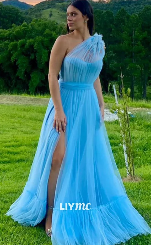 You'Ll Love Us Because LP1958 - Simple Asymmetrical Sleeveless Feathered Tull Side Slit A-Line Prom Dress