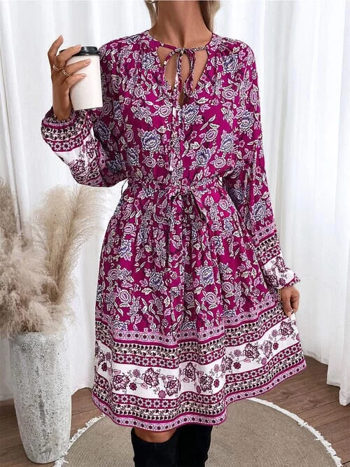 Season Sale Floral Tie Neck Balloon Sleeve Dress