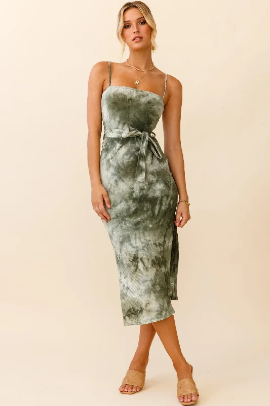 Discount Extravaganza Serenade Me Square Neckline Side Split Midi Dress Tie Dye Olive