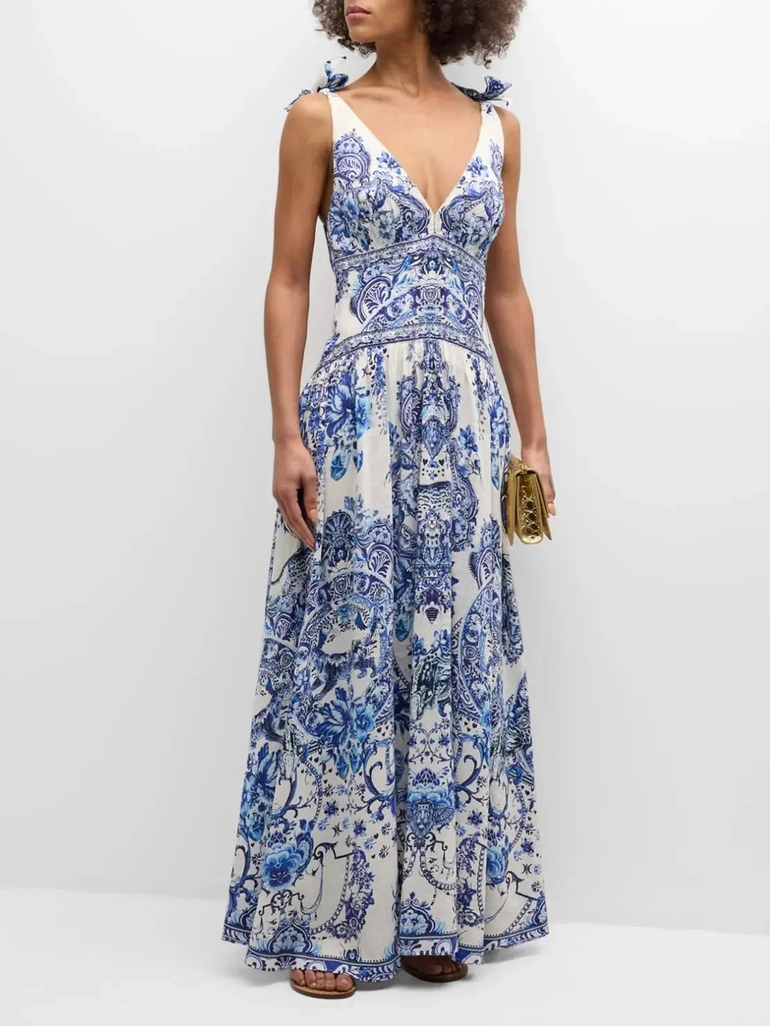 Quality Driven Apparel Blue and White Porcelain Print Tie-Shoulder Silk and Linen Maxi Dress