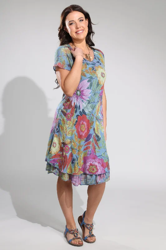 Runway Inspired Wear Made in Italy Cotton Blend Dress | Indigo Multi Floral | 0303A1